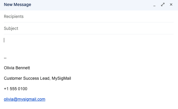 Gmail new message with a double-spaced signature: each line of the signature has a visible gap after it