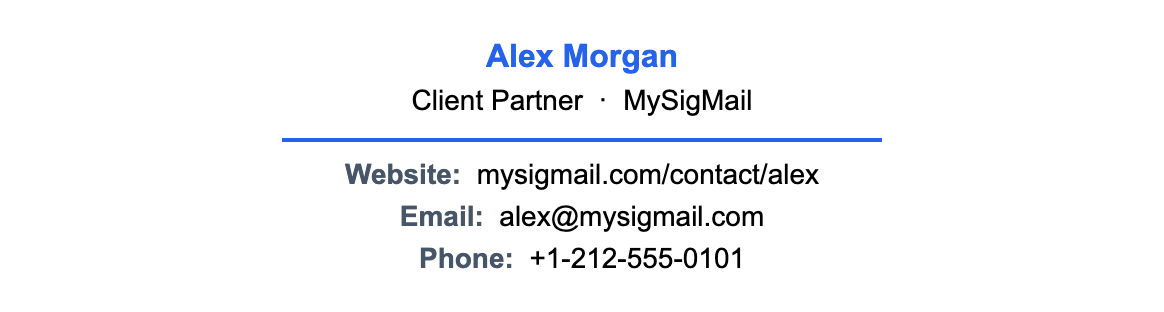 MySigMail email signature for Alex Morgan showing a global phone number alongside email and website contact details