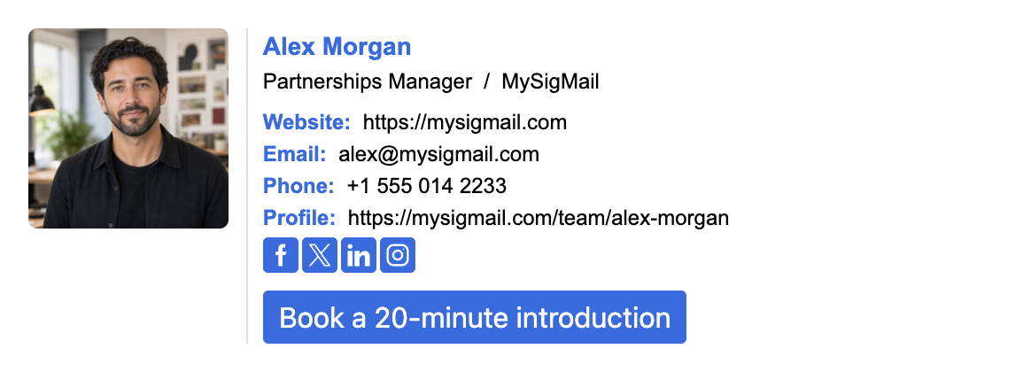 Full MySigMail email signature for Alex Morgan with a portrait, contact details, social links, and a meeting CTA