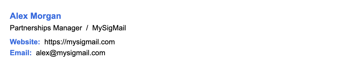 Compact MySigMail reply signature for Alex Morgan with a job title, company, website, and email address