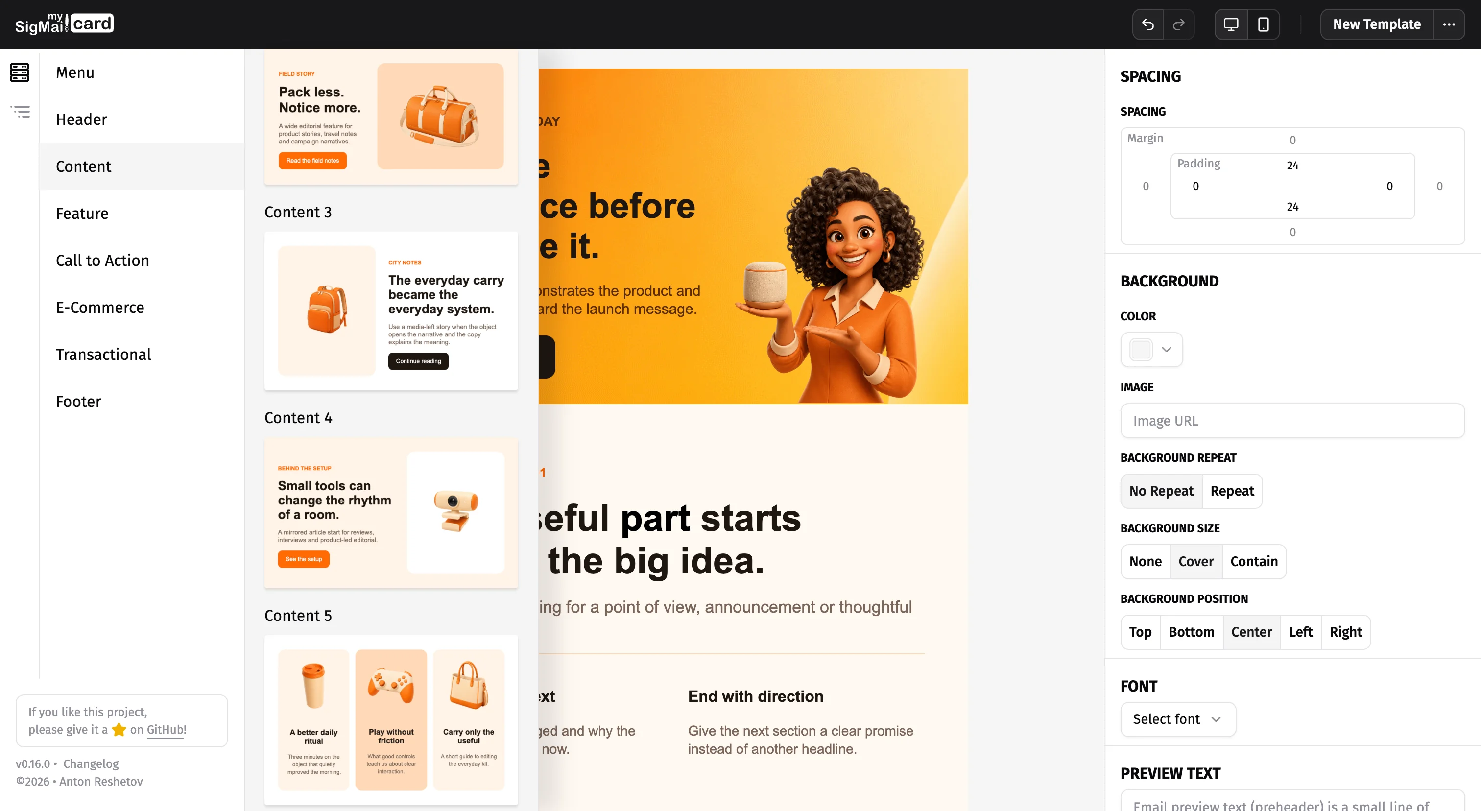 Card block library open beside an email template on the editor canvas