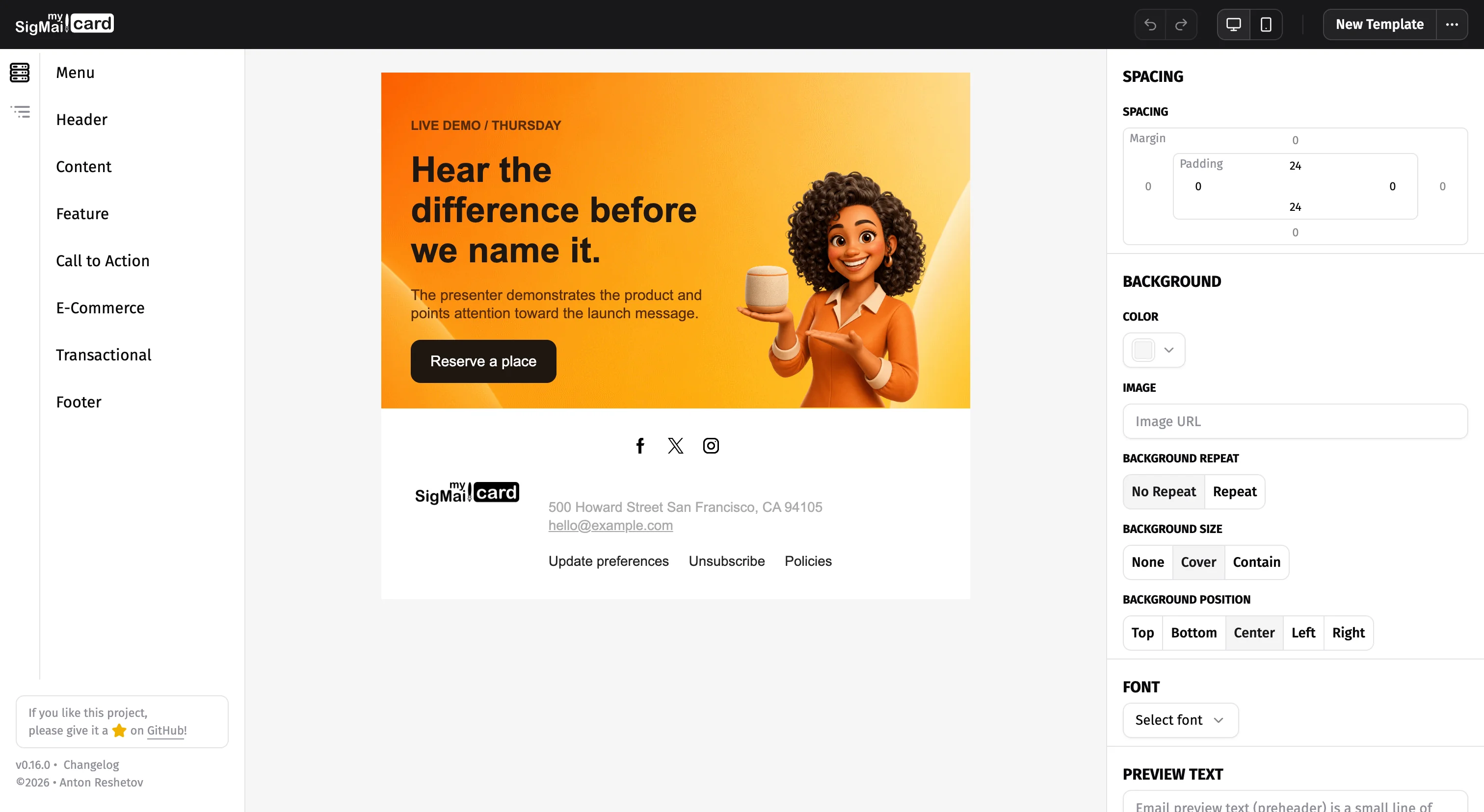 MySigMail Card editor with its block categories, email canvas, and settings panel