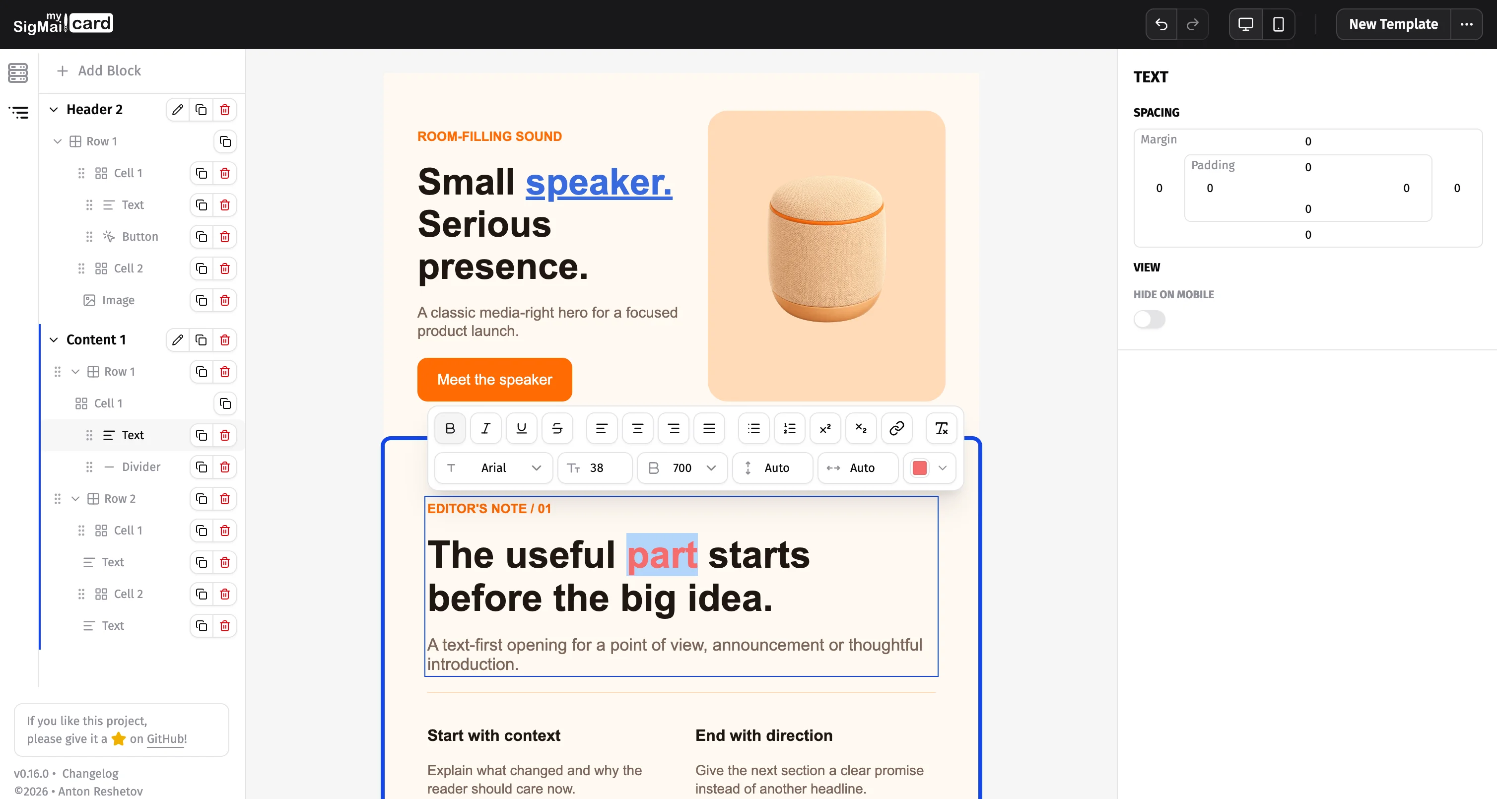 Card structural tree and inline rich-text toolbar beside an editable email