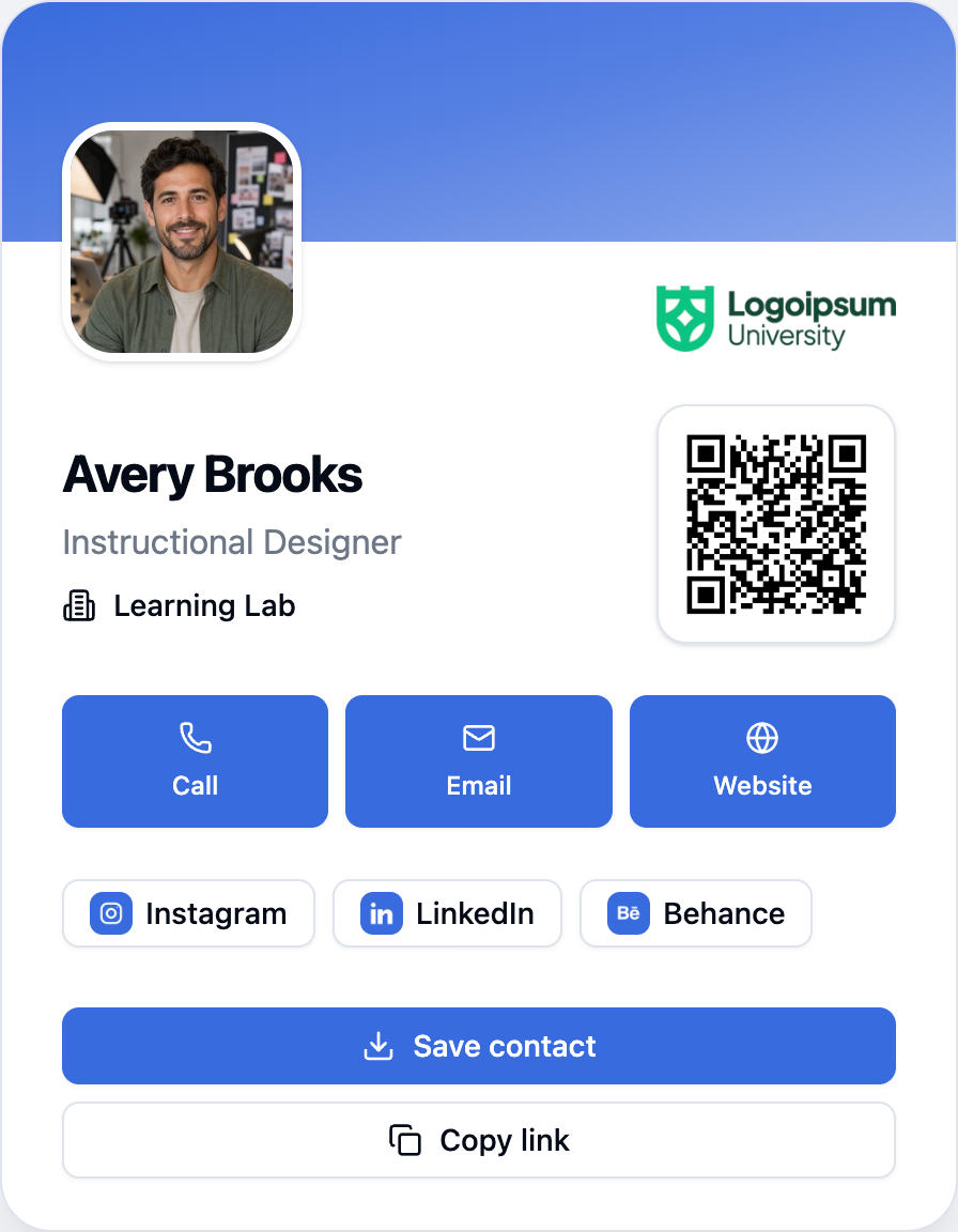 MySigMail digital business card for Avery Brooks with a profile photo, company logo, QR code, call, email, website, social links, Save contact, and Copy link actions