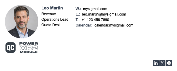 MySigMail professional signature example with a headshot, role, contact details, secondary brand mark, and social links