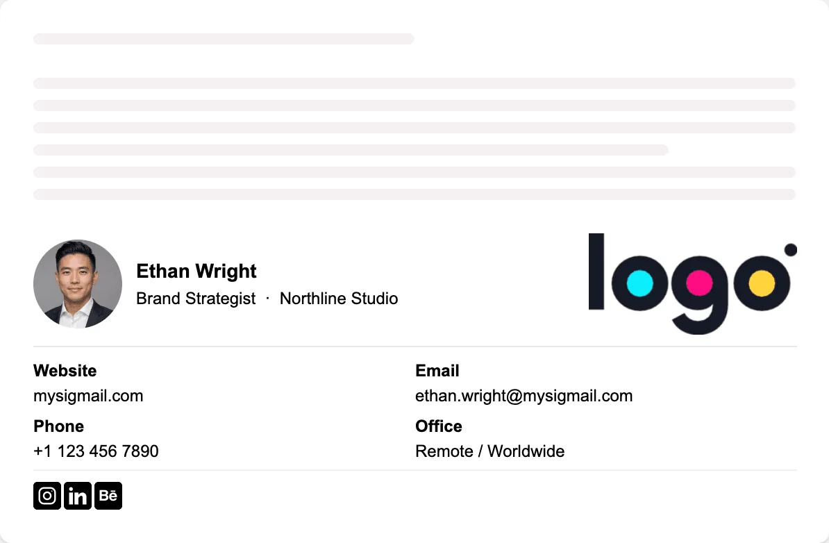 Branded CEO email signature: round headshot, company logo on the right, two-column contact details, and social icons