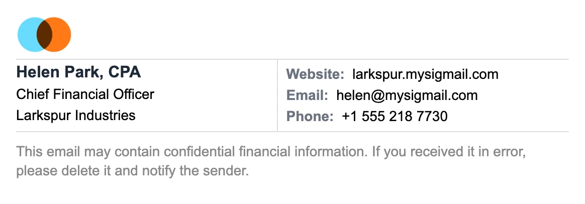 CFO email signature: company logo on top, Helen Park, CPA, Chief Financial Officer at Larkspur Industries, website, email, phone, and a confidential financial information notice