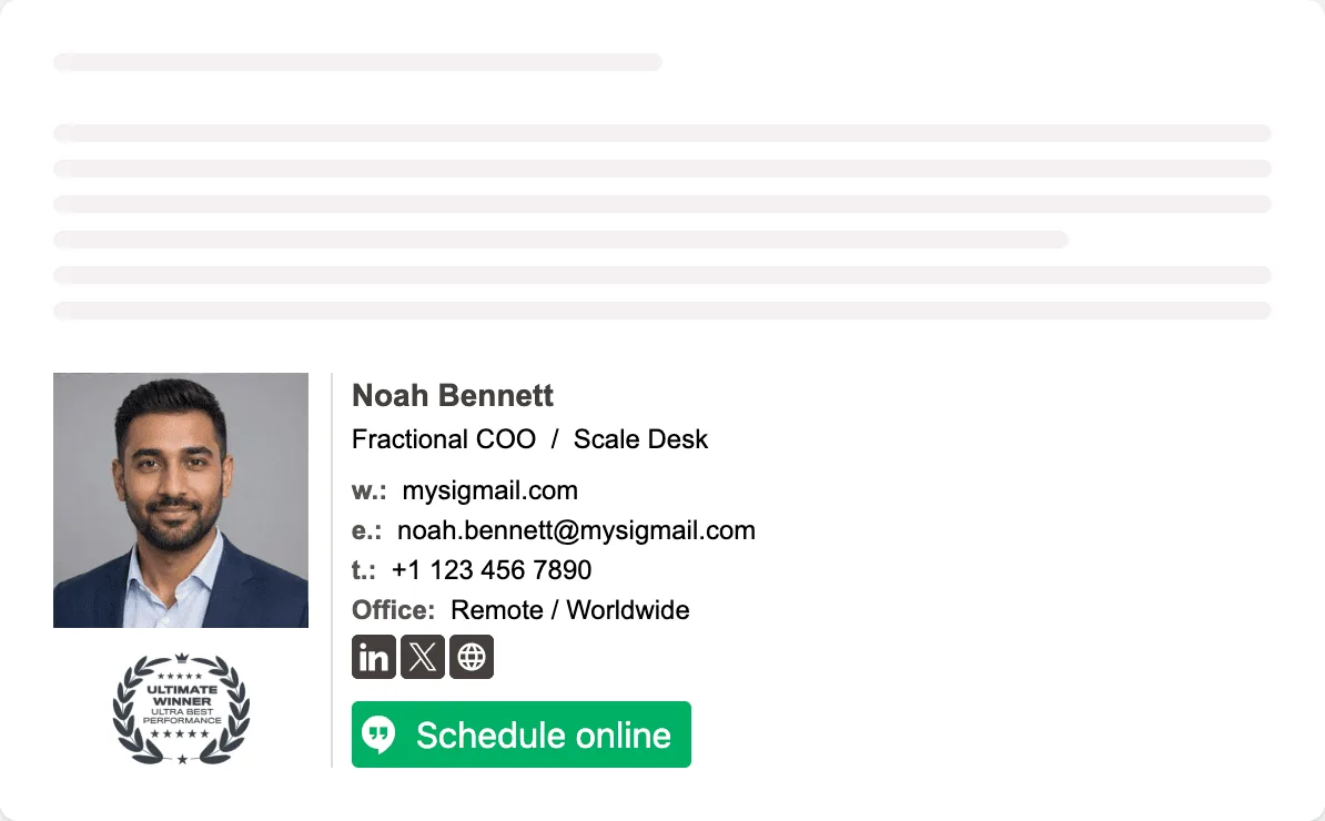 Corporate CEO email signature: headshot, award badge, labelled contact details, social icons, and a green Schedule online button