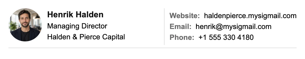 Managing director email signature: round photo and Henrik Halden, Managing Director at Halden & Pierce Capital on the left, website, email and phone on the right