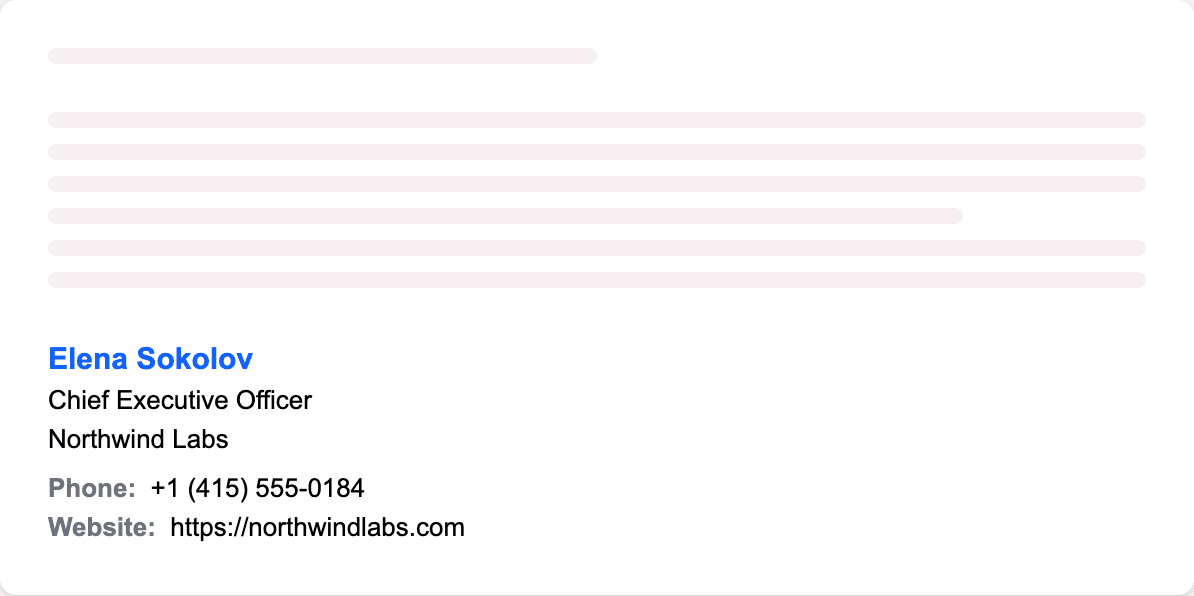 Minimalist CEO email signature: name in a brand-blue accent, title, phone, and website