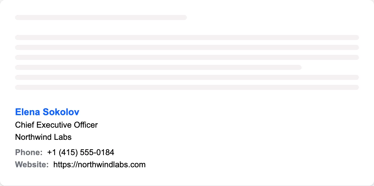 Minimalist CEO email signature: name in a brand-blue accent, title, phone, and website