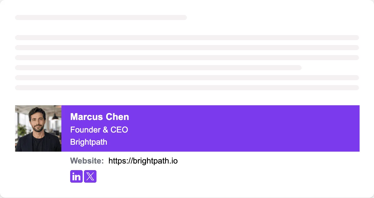 Personal-brand CEO email signature: headshot beside a purple name block with LinkedIn and X icons