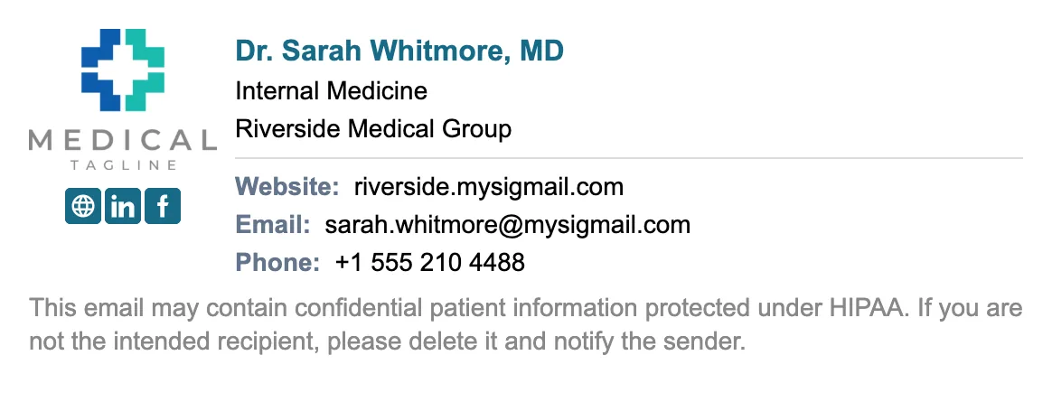 Clinical doctor email signature: name with MD credentials, clinic logo, labelled phone and portal contacts, and a small confidentiality notice