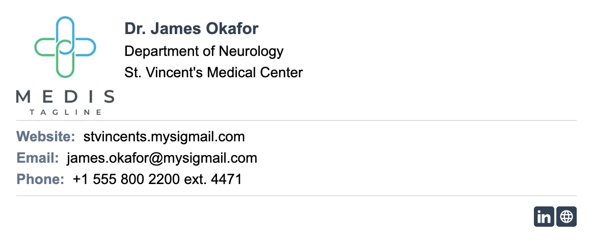 Hospital doctor email signature: hospital logo, name with department title, phone extension and pager, minimal single-column layout