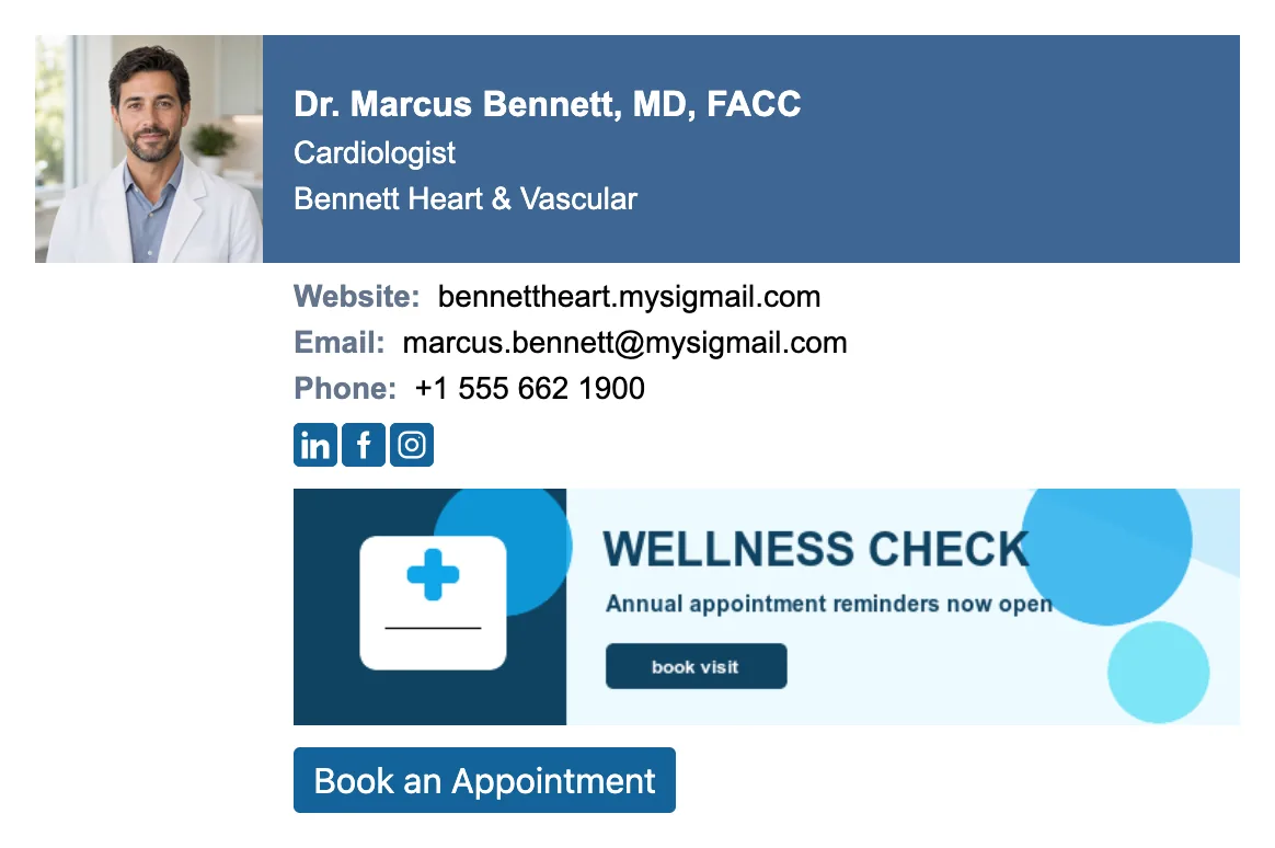 Private practice doctor email signature: headshot, name with MD FACC credentials, practice name, contact details, and a green Book an Appointment button