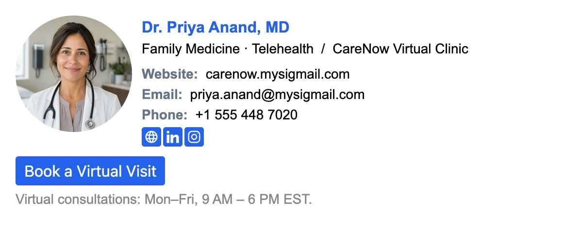 Telehealth doctor email signature: headshot, Book a Virtual Visit button, patient portal link, and listed consultation hours