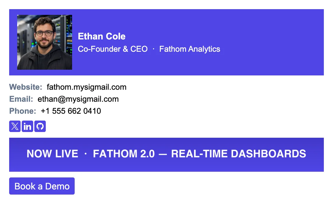 Launch-mode founder email signature: headshot, company logo, Book a Demo button, and a product launch announcement banner