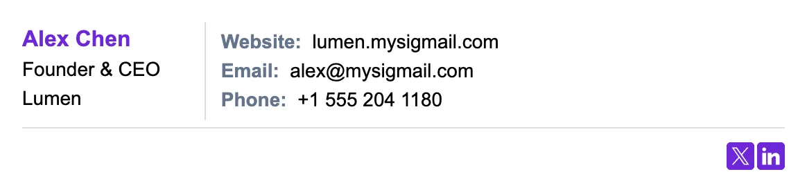 Early-stage founder email signature: name in a bold accent color, Founder and CEO title, startup name and product link, minimal single-column layout