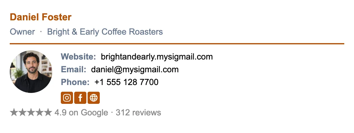 Local business owner email signature: business logo, name with Owner title, phone and website, and a Google reviews rating badge