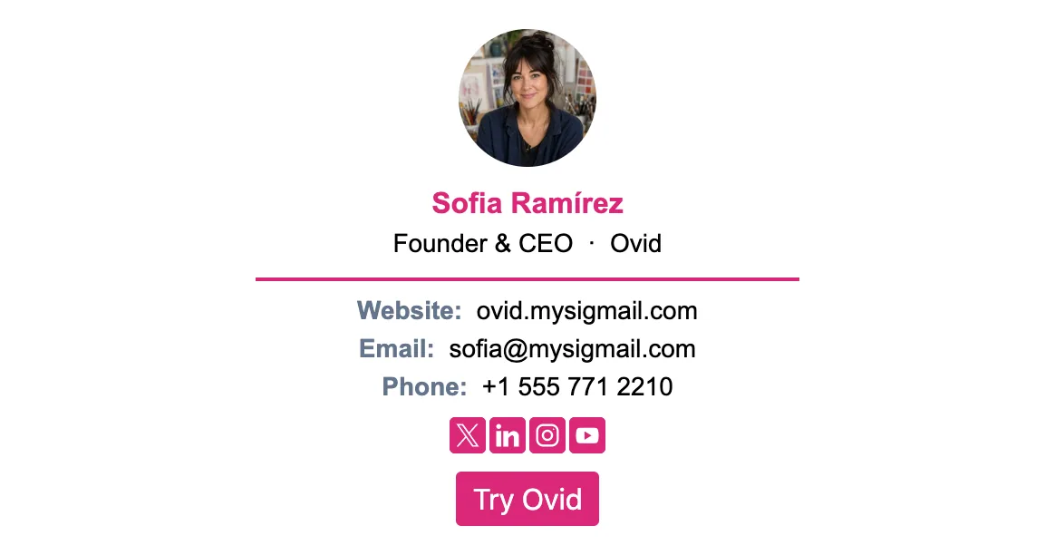 Personal-brand founder email signature: headshot, name block with X and LinkedIn icons, and a Try the Product button