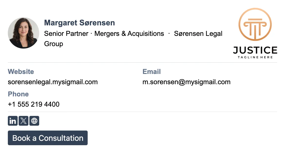 Senior partner email signature: headshot, firm logo, name with Senior Partner title, practice areas line, LinkedIn icon, and a Book a Consultation button