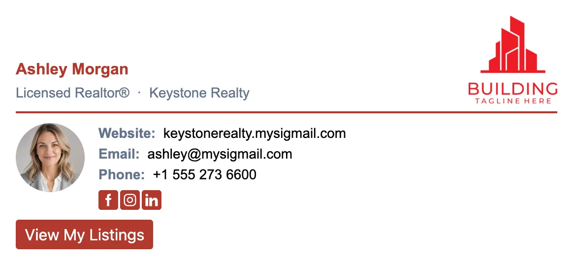 Trusted realtor email signature: headshot, name with Licensed Realtor title, brokerage logo, phone, email and website contacts