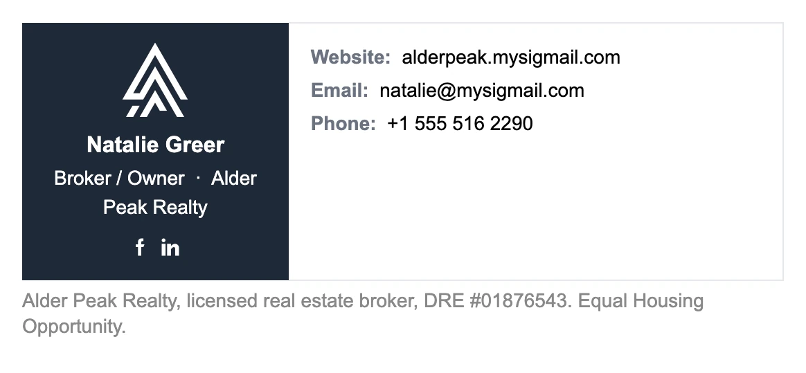 Broker-owner email signature: Alder Peak Realty logo, Natalie Greer, Broker / Owner, in a dark panel, contacts, and a line with the brokerage license number and Equal Housing Opportunity