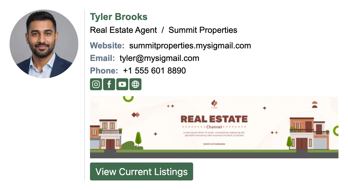 Listing-focused realtor email signature: headshot, View Current Listings button, Instagram and Zillow icons, and an Open House Saturday banner
