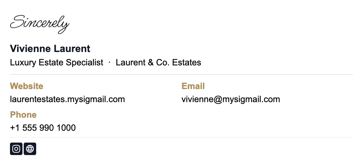Luxury realtor email signature: minimal layout with serif name, black and gold accents, boutique brokerage name, phone and website only