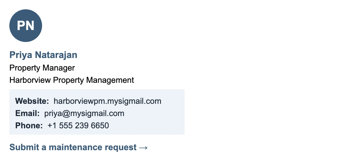 Property manager email signature: initials avatar, Priya Natarajan, Property Manager at Harborview Property Management, contacts on a light blue panel, and a Submit a maintenance request link