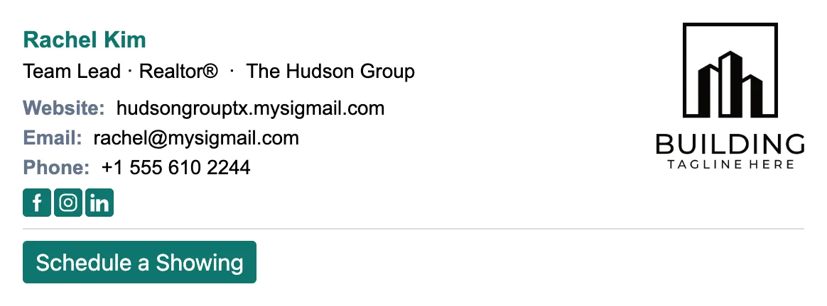 Real estate team lead email signature: team logo, name with Team Lead title, two-column contact block, and a Schedule a Showing button