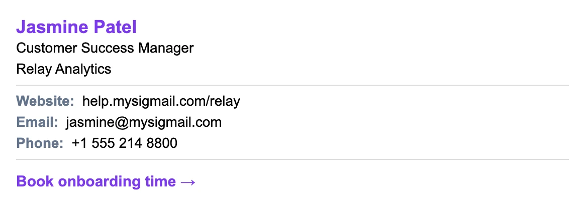 Customer success manager email signature: Jasmine Patel, Customer Success Manager at Relay Analytics, help center website, email, phone, and a Book onboarding time link