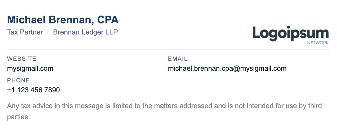 Accounting & Tax email signature template "CPA, Tax Partner": logo, disclaimer