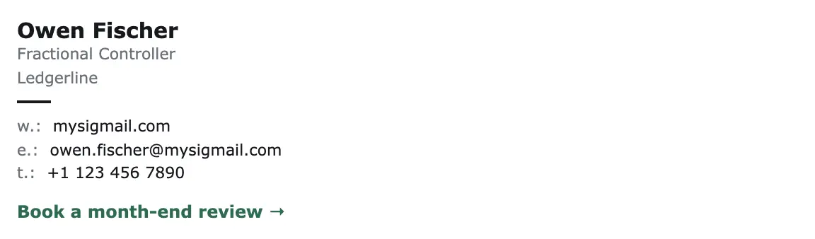 Accounting & Tax email signature template "Fractional Controller": call to action