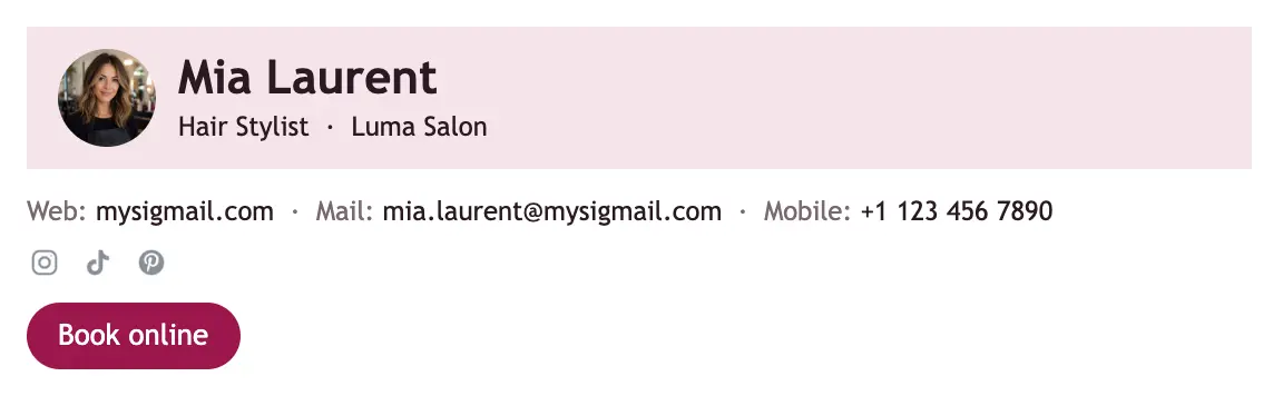 Beauty email signature template "Hair Stylist": photo, call to action