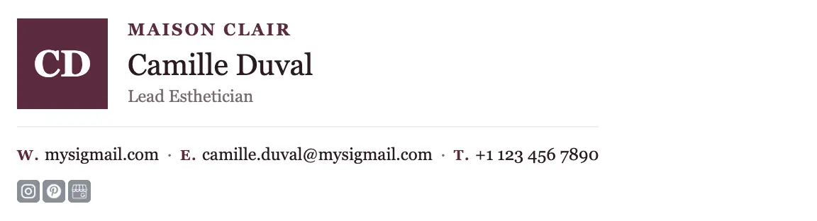 Beauty email signature template "Lead Esthetician": initials