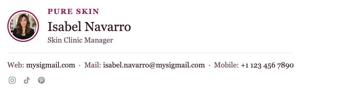 Beauty email signature template "Skin Clinic Manager": photo