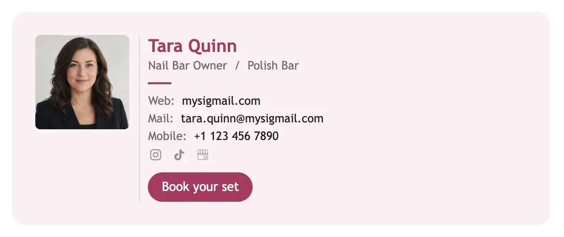 Beauty email signature template "Nail Bar Owner": photo, call to action