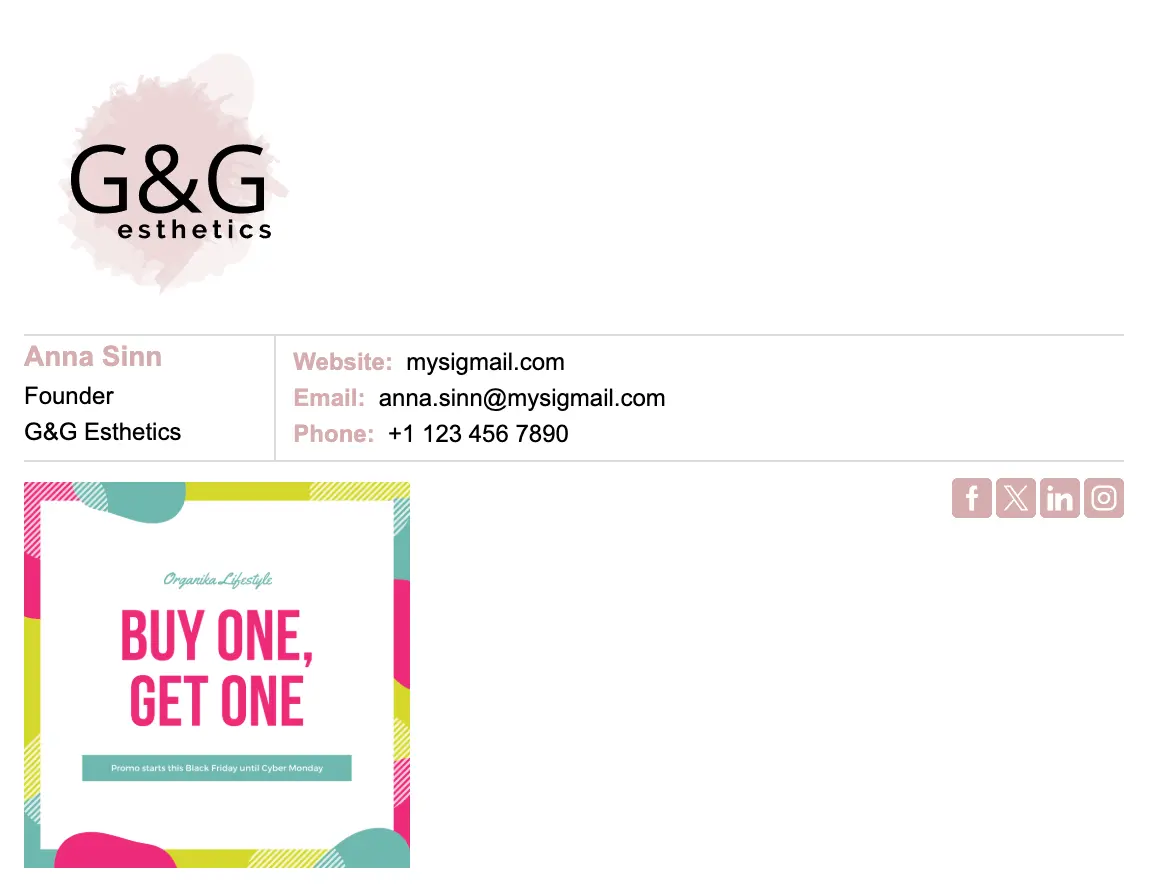 Beauty email signature template "Founder": logo, banner