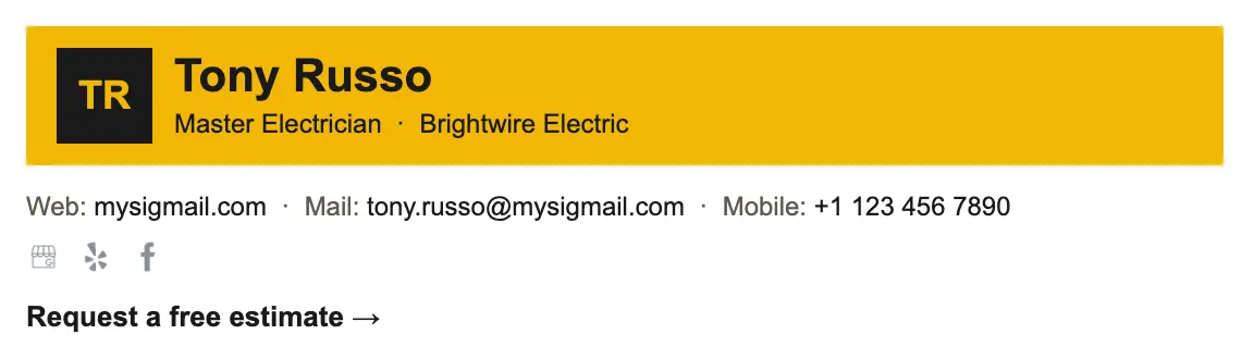 Construction & Trades email signature template "Electrical Contractor": initials, call to action