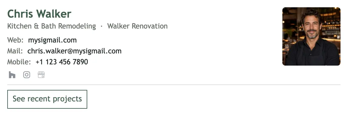 Construction & Trades email signature template "Remodeling Specialist": photo, call to action