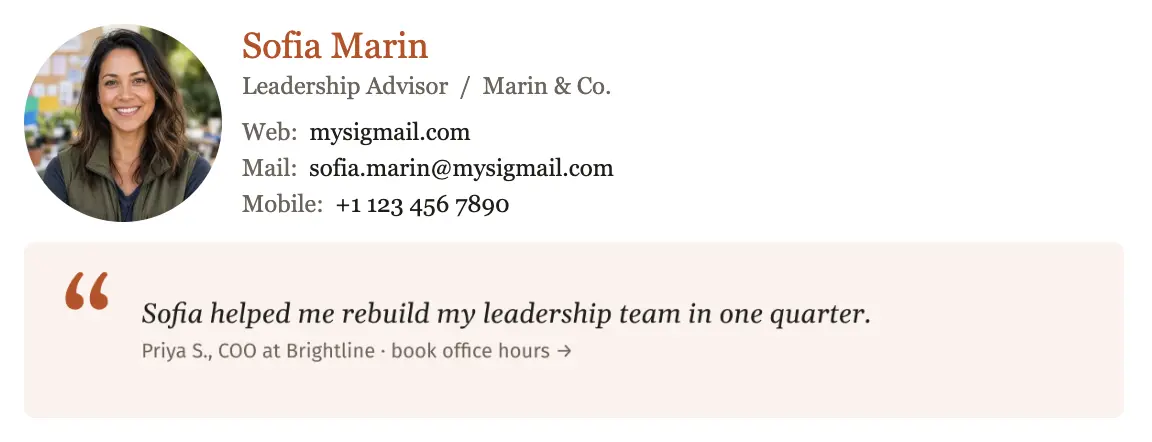 Consulting & Freelance email signature template "Leadership Advisor": photo, banner