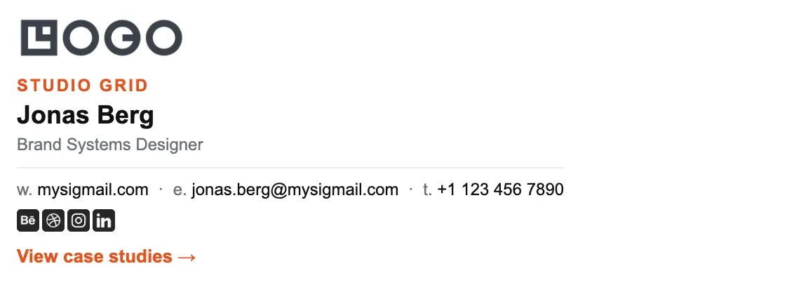 Design email signature template "Brand Systems Designer": logo, call to action