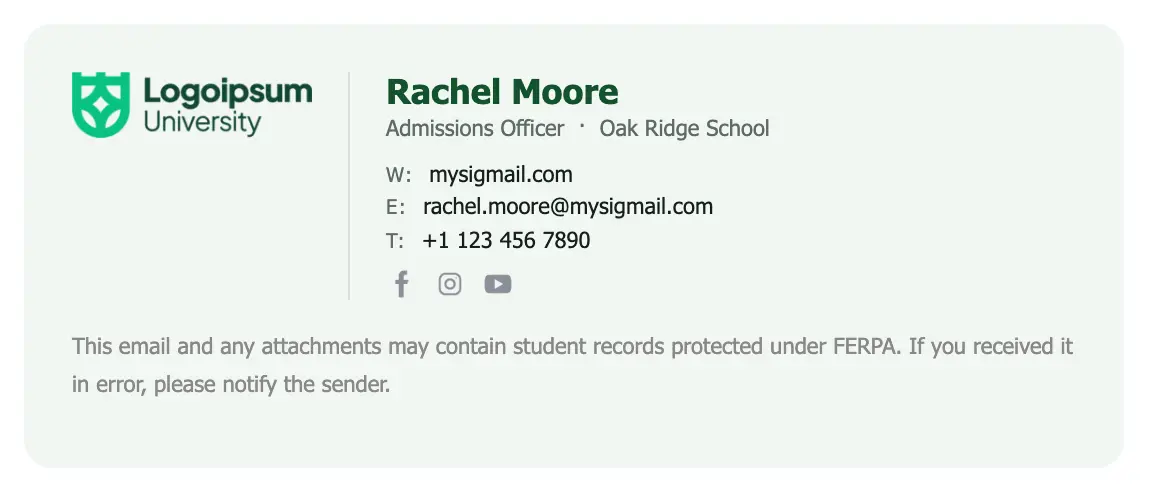 Education email signature template "Admissions Officer": logo, disclaimer