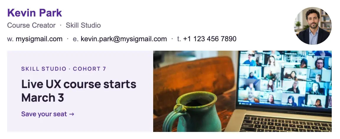 Education email signature template "Course Creator": photo, banner