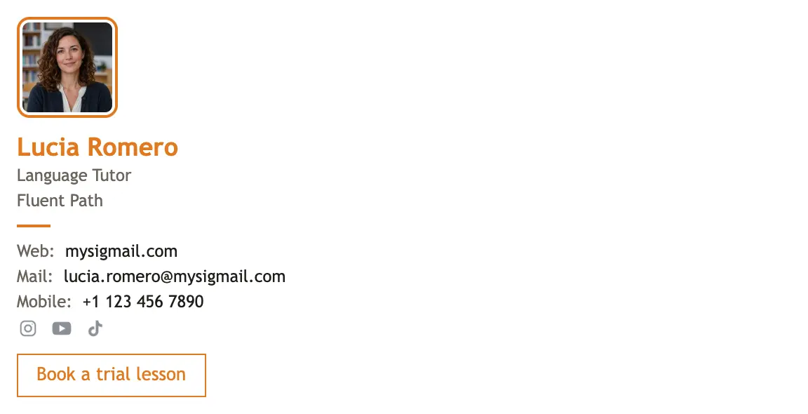 Education email signature template "Language Tutor": photo, call to action