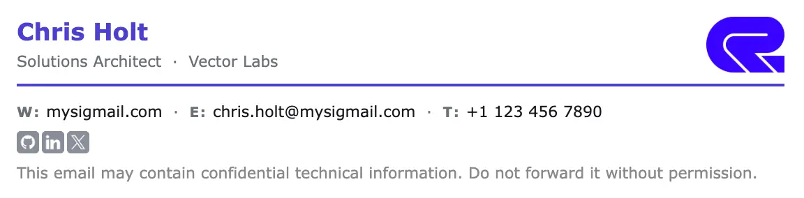 Engineering email signature template "Solutions Architect": logo, disclaimer