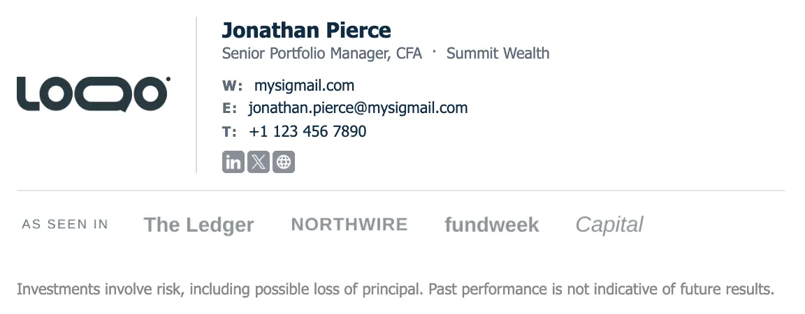 Finance email signature template "Senior Portfolio Manager, CFA": logo, banner, disclaimer