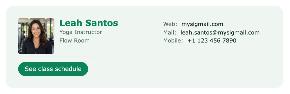 Fitness email signature template "Yoga Instructor": photo, call to action
