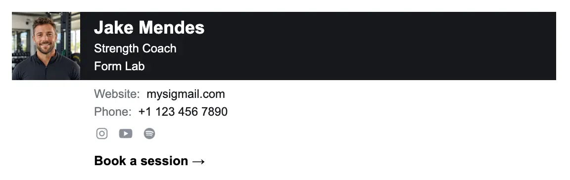 Fitness email signature template "Strength Coach": photo, call to action